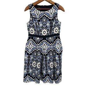 Talbots 6P Sleeveless Dress Blue Printed Textured Cotton Stretch Fit & Flare